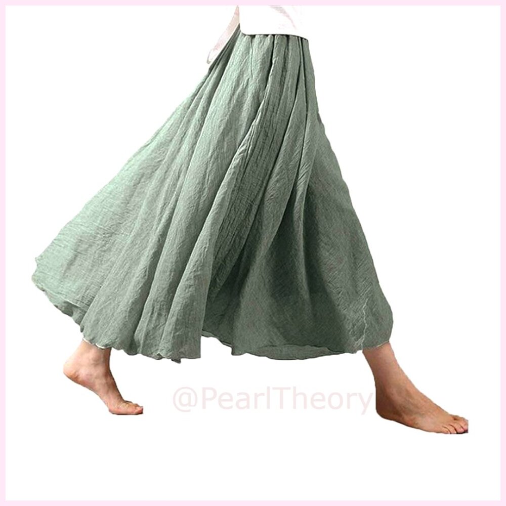 Cotton Linen Blend Bohemian Maxi Skirt Dress with Elastic Waist